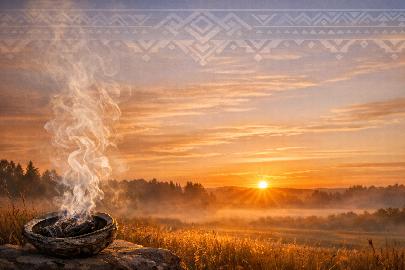A stone fire bowl with smoke rising from it set in a grassy field at sunrise, with a forest in the background and a partly cloudy sky.