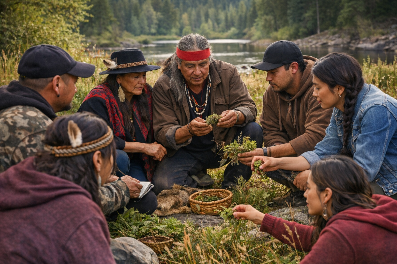 A diverse group of people sitting outdoors by a river, gathered around a central elder who is showing and explaining plants.
