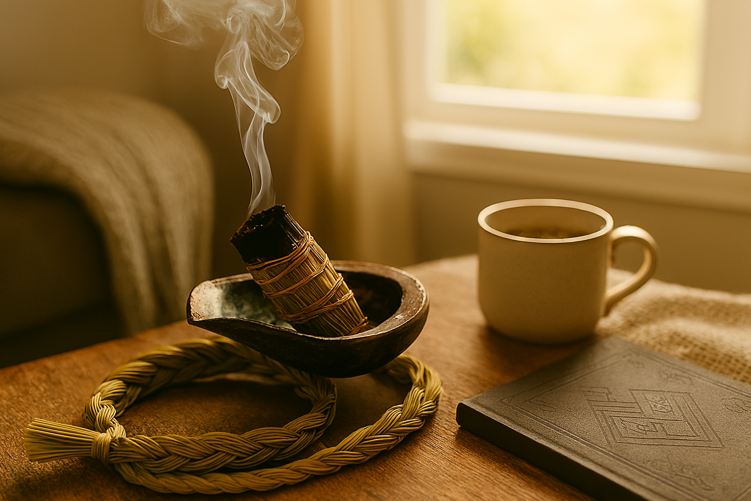 A smoldering bundle of incense in an earthy bowl on a wooden table, next to a white mug and a closed book, with a window allowing sunlight to illuminate the scene.