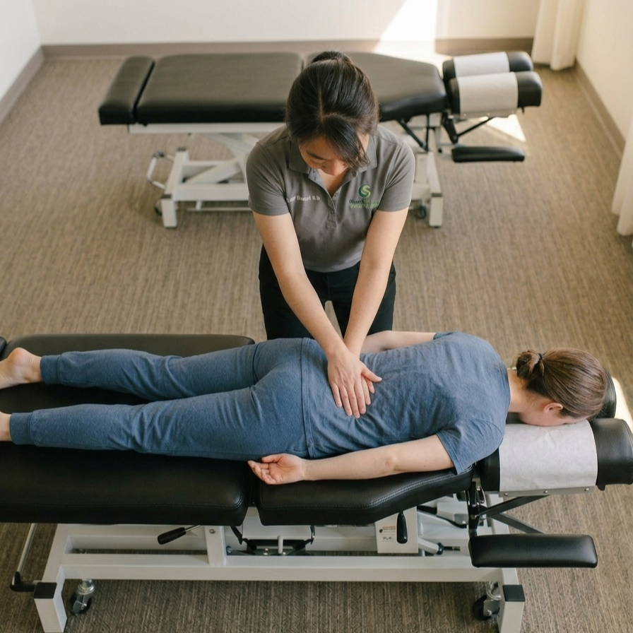 Dr Tracy Lam-Luu giving a chiropractic adjustment to a patient with chronic shoulder pain at CoreShift Chiropractic & Wellness in Upland, CA which also serves rancho cucamonga and Montclair.