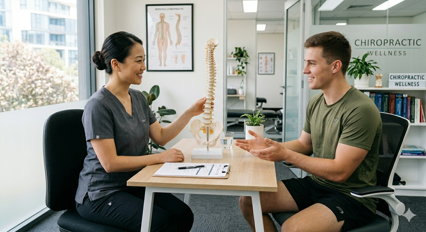 Dr. Tracy Lam-Luu consults with patient at Coreshift Chiropractic & Wellness in Upland, CA.