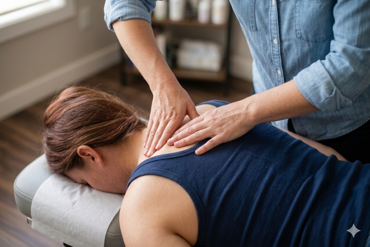Person receiving chiropractic adjustment at Coreshift Chiropractic & Wellness to address lower and upper back pain from sitting too long at work.