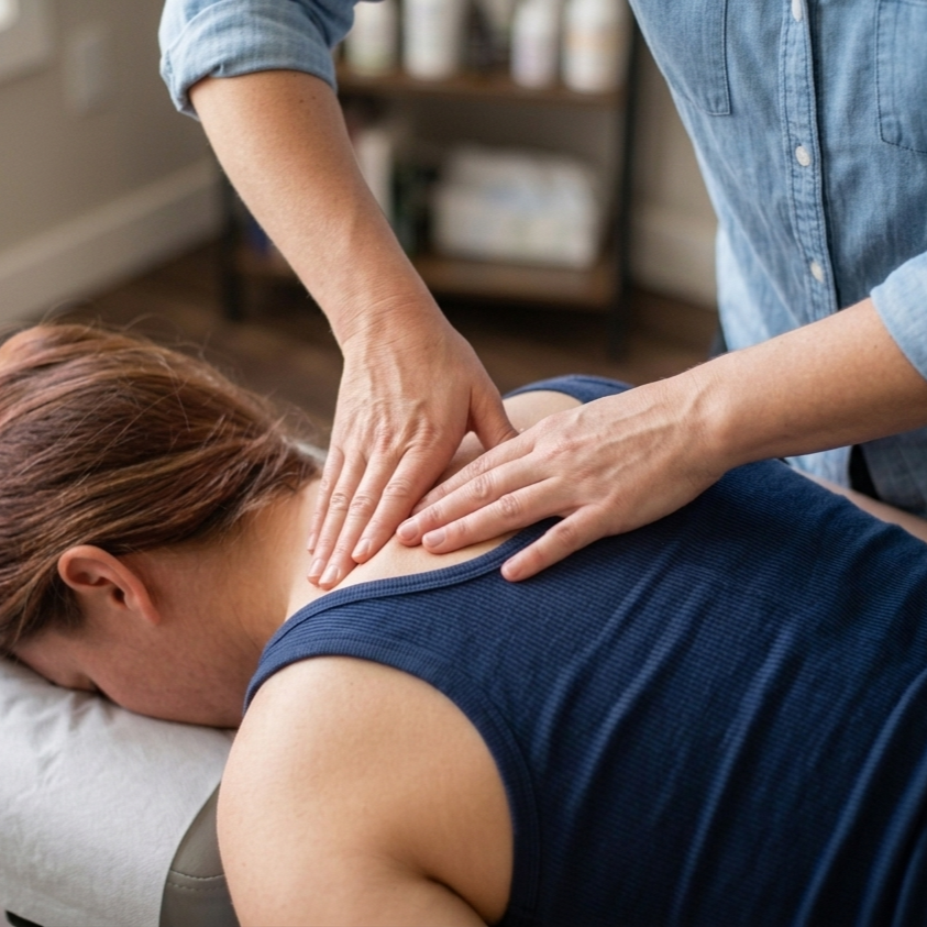 Dr Tracy Lam-Luu giving a chiropractic adjustment to a patient with neck pain at CoreShift Chiropractic & Wellness in Upland, CA which also serves rancho cucamonga and Montclair.