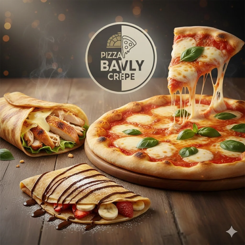 A pepperoni and cheese pizza with fresh basil on top, a sliced chicken and cheese wrap, and a crepe with strawberries, bananas, and chocolate drizzle on a wooden table. A logo in the background reads "Pizza Bawly Crepe."