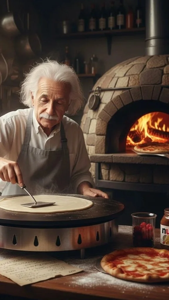 An elderly man with white hair and mustache making pizza in a rustic kitchen with a wood-fired oven, pizza dough on a peel, and a spread of toppings and ingredients.