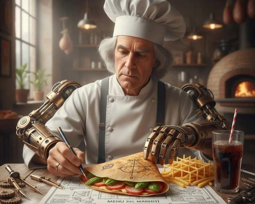 A robot chef in a kitchen, wearing a traditional chef's hat and apron, is writing on a menu placed on a table with an electronic pen. The chef is preparing a sandwich with vegetables. There are French fries and a soda next to the menu, and a brick oven with a fire burning inside in the background.