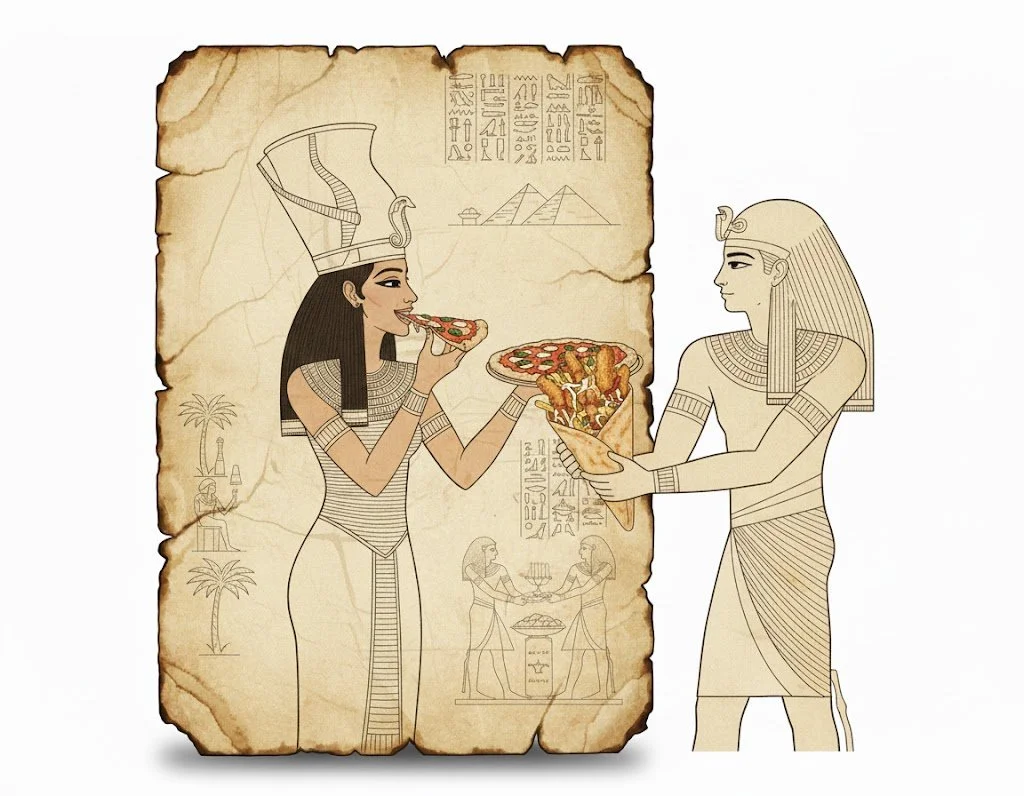 An illustration of ancient Egyptian figures, one woman in traditional attire with a headdress eating pizza and another man presenting a pizza to her, with Egyptian hieroglyphs and pyramids in the background.