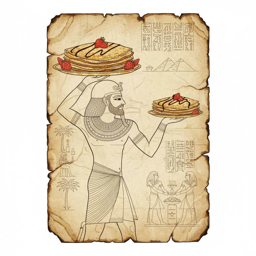 An illustration resembling ancient Egyptian artwork featuring a caricature of a man with a beard and traditional Egyptian attire, holding a large plate of pancakes topped with strawberries and chocolate sauce in each hand, on parchment paper with hieroglyphs and pyramids in the background.