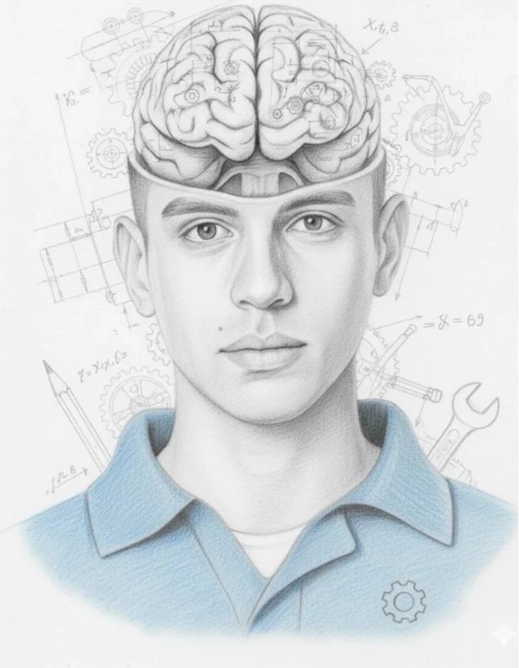 A person with a realistic drawing of a human brain inside their head, surrounded by mechanical and mathematical sketches, illustrations of tools, gears, and scientific symbols in the background.