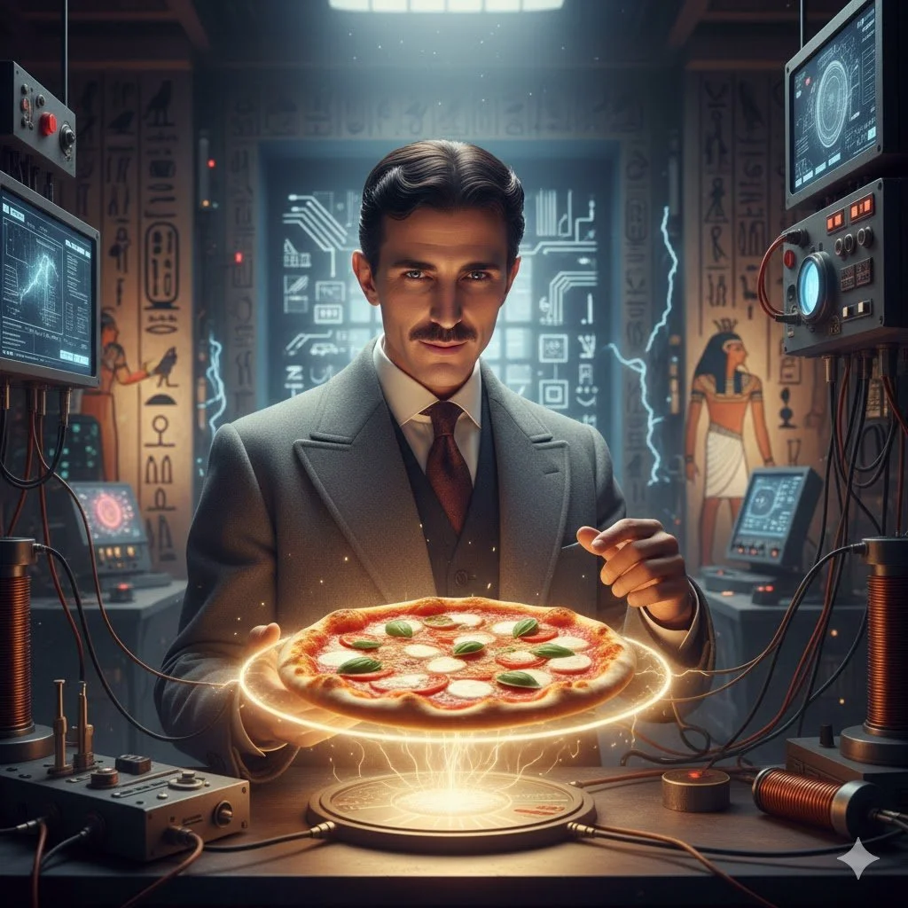 A man in a suit holds a holographic pizza with pepperoni and basil leaves, in a high-tech laboratory with computer screens, wires, and Egyptian hieroglyphs in the background.
