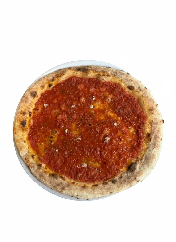 A pizza with tomato sauce on a white plate.
