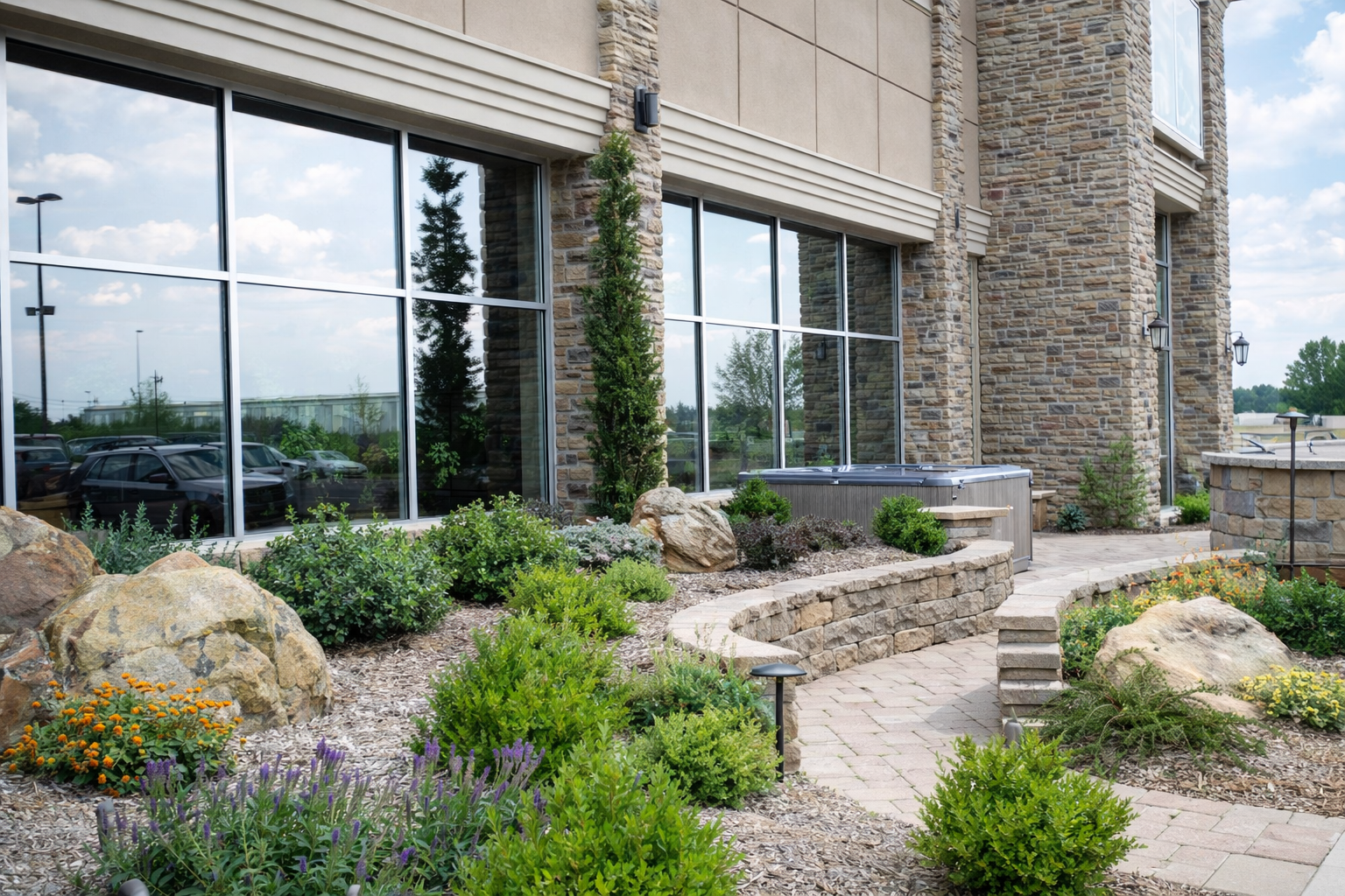 Exterior of a modern building with large glass windows, stone walls, landscaped garden with rocks, bushes, flowers, and a paved walkway.