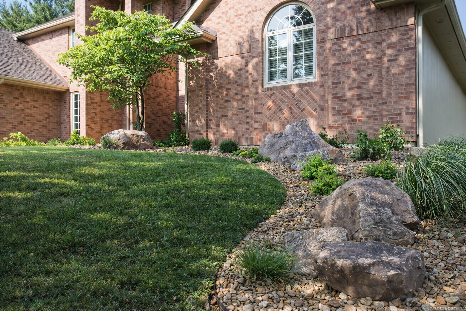 A well-maintained front yard featuring green grass, decorative rocks, small shrubs, and a tree, with a red brick house in the background.