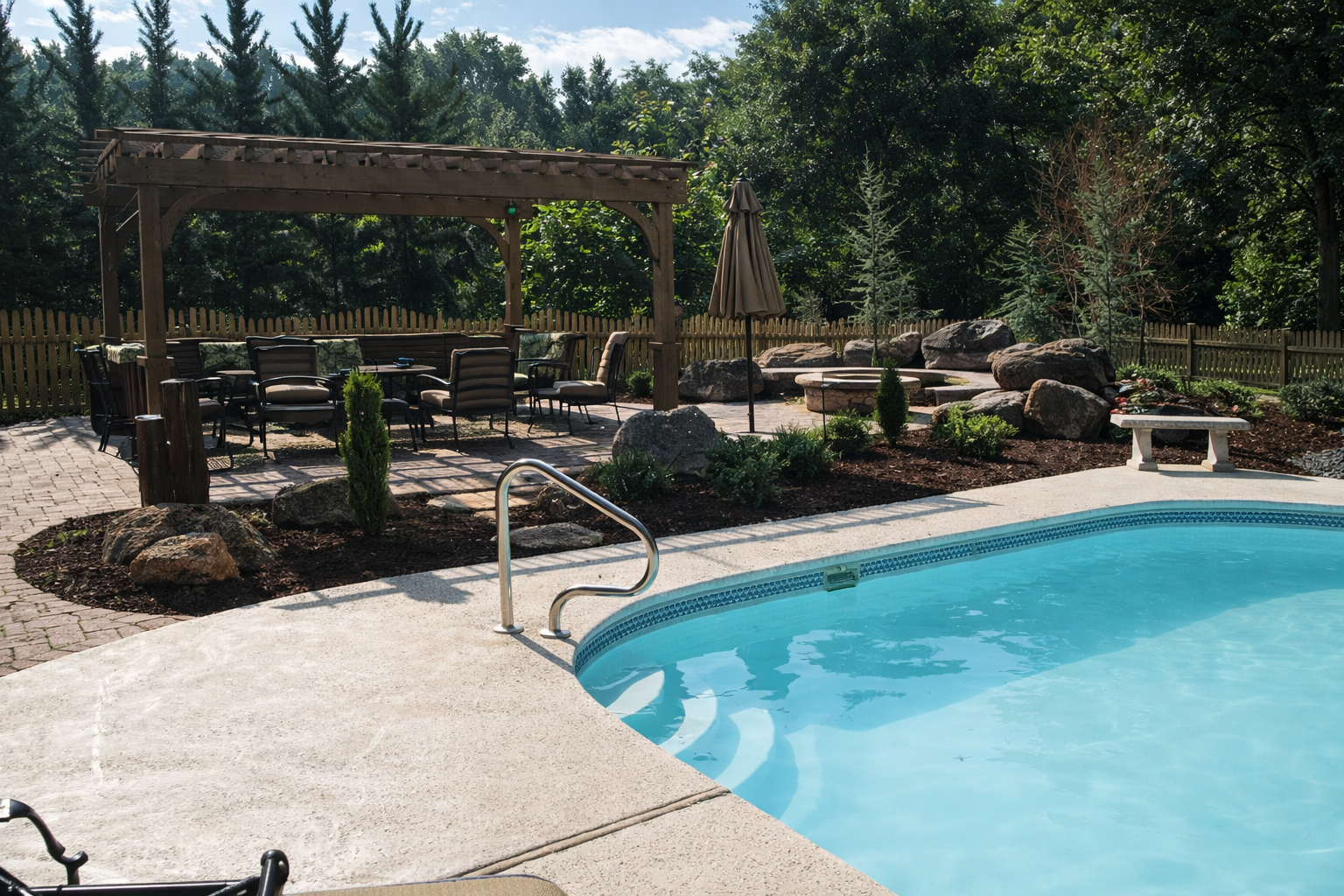 Backyard swimming pool with a paved deck, a wooden pergola with patio furniture underneath, landscaped garden with rocks and trees, and a fence in the background.