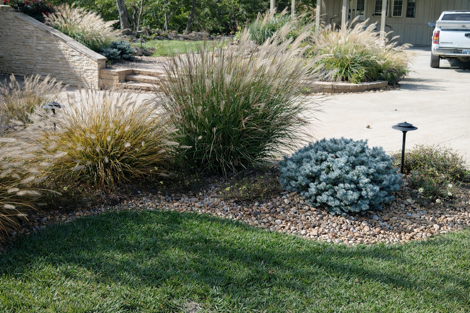 Residential front yard with manicured green grass, ornamental grasses, a small blue-gray shrub, a stone wall, a short staircase, solar garden lights, and a driveway with a truck.