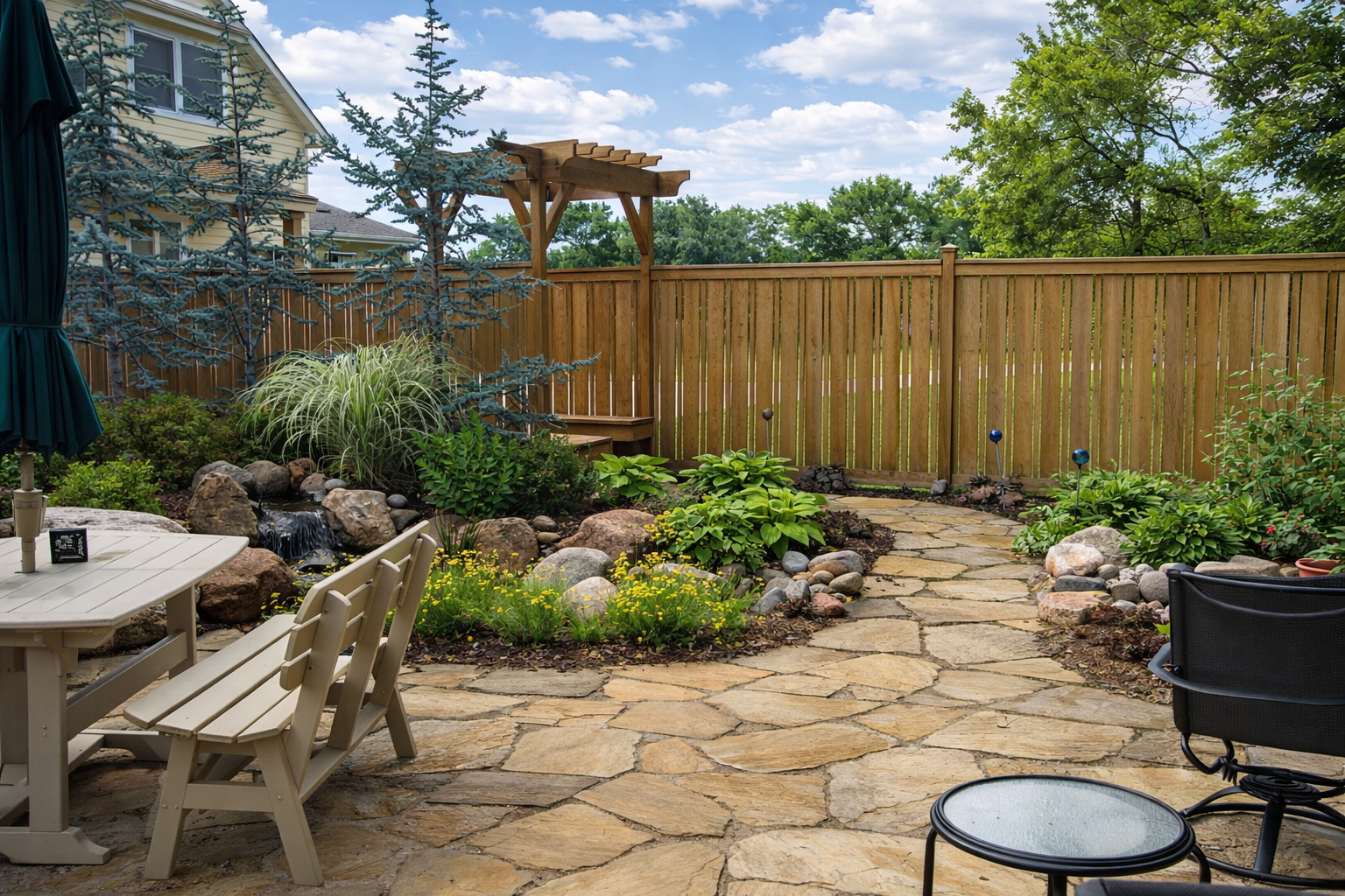 Backyard with stone patio, garden plants, a small waterfall, wooden fence, outdoor furniture, and a pergola
