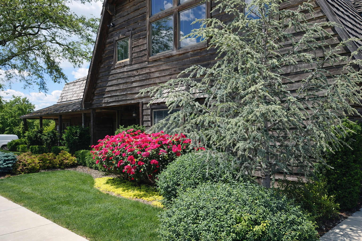 A garden with a lush green lawn, vibrant pink flowers, and various shrubs in front of a rustic wooden house with multiple windows and a small porch, surrounded by trees on a sunny day.