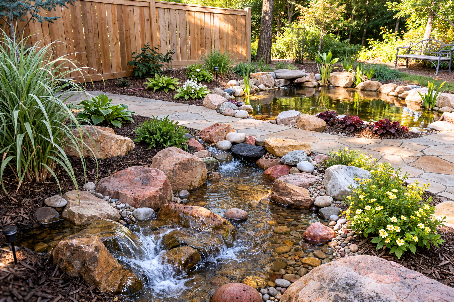 A backyard garden with a small pond surrounded by rocks and plants, a stone pathway, and a wooden privacy fence, with trees and sunlight in the background.