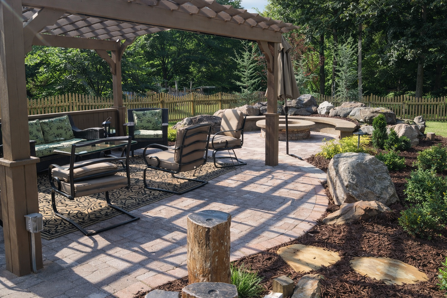 A backyard patio with outdoor furniture under a wooden pergola, with a circular stonefire pit, large rocks, lush green plants, and a wooden fence in the background.