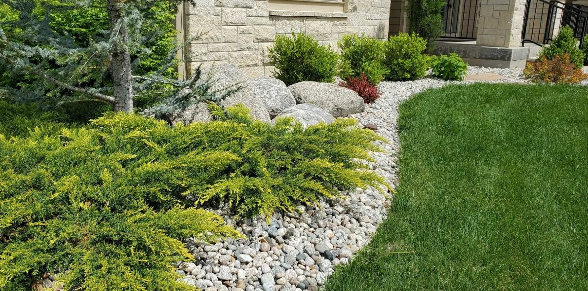 A landscaped yard featuring a green lawn, various shrubs, and rocks near a stone house wall with a porch and railing.