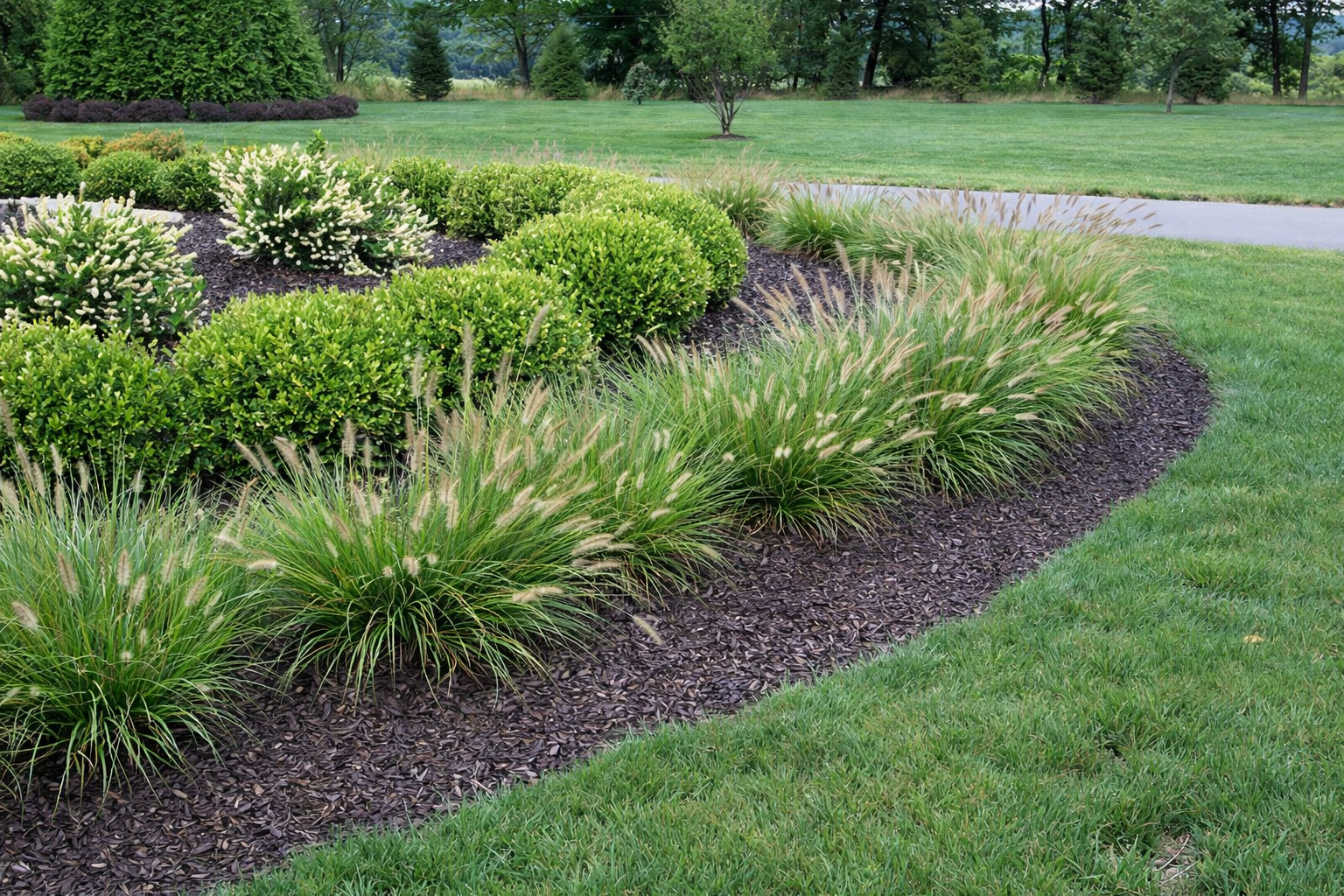 Landscaped garden featuring green bushes, ornamental grasses, and a lawn in a suburban setting.