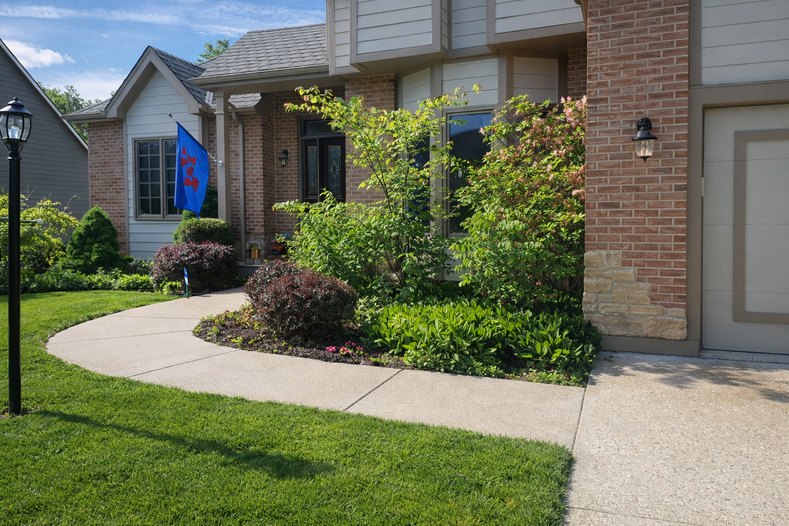 A residential house with a brick exterior, plants, and a flag in the front yard. The sidewalk leads to the front door, and there are bushes, flowers, and a lamp post in the yard.