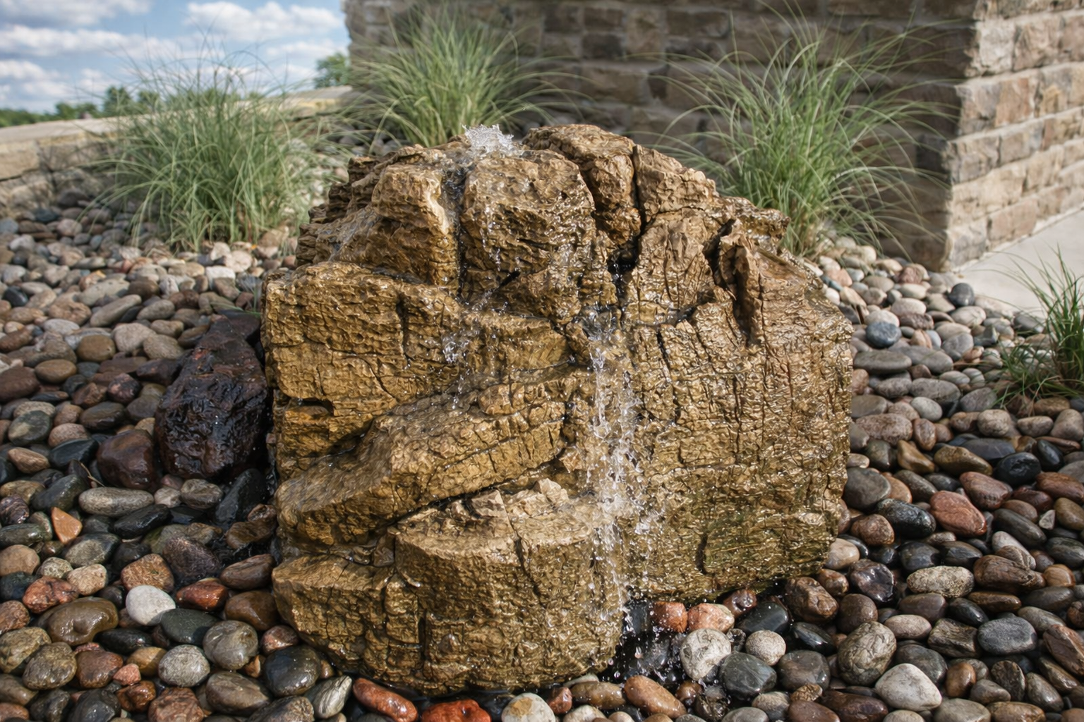 A small outdoor water fountain made of stacked rocks with water cascading down, surrounded by colorful pebbles and ornamental grasses, with a brick wall and cloudy sky in the background.