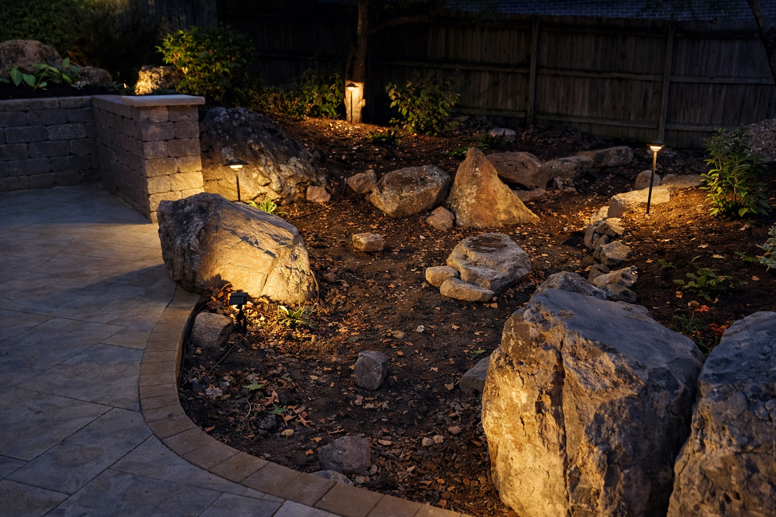 A landscaped backyard garden at night with rocks, plants, and pathway lights illuminating the area.