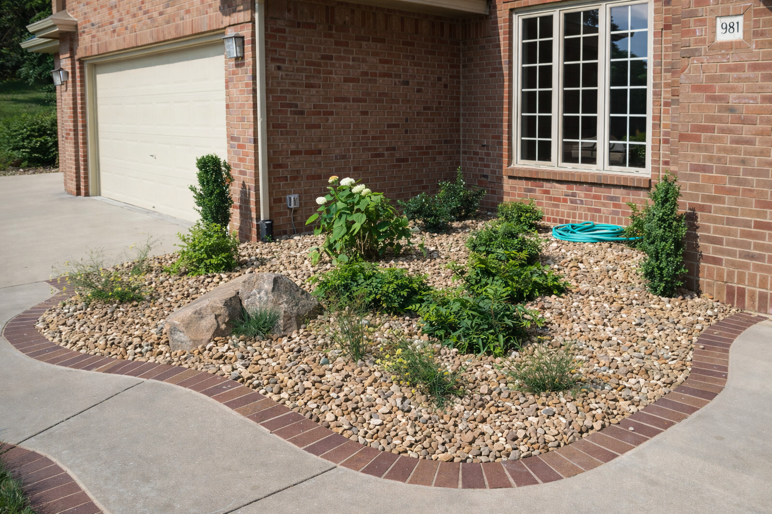 Residential front yard landscaped with rocks, plants, and a brick border adjacent to a concrete sidewalk, with a brick house featuring a window and garage door.