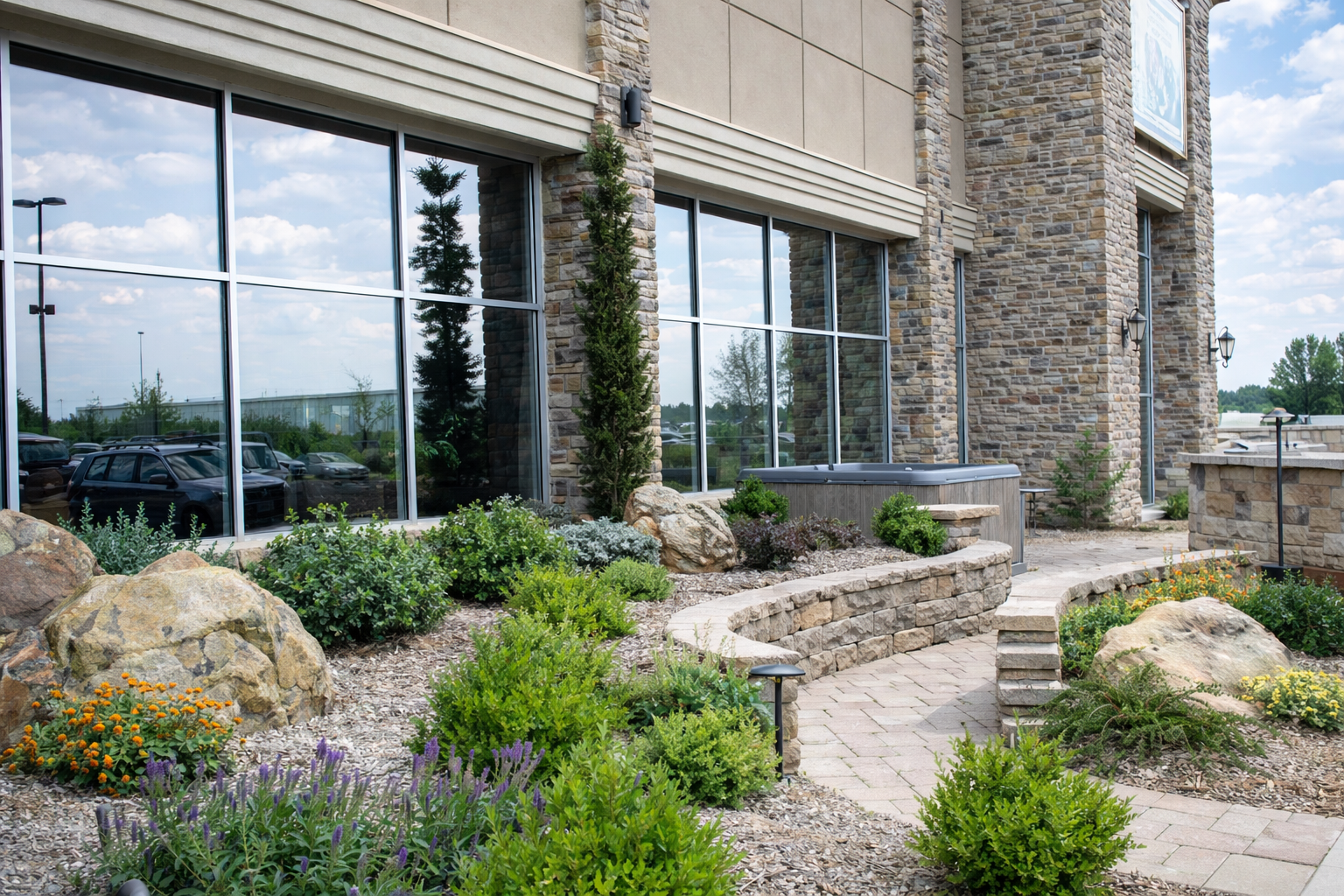 A landscaped outdoor area with a stone building, large glass windows, a stone pathway, various green plants, bushes, and flowers, and a hot tub outside the building.