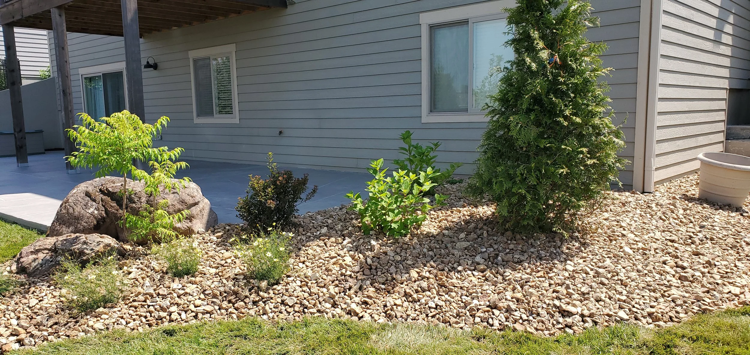Backyard garden with pruned bushes, decorative rocks, a large potted plant, and a house with gray siding and sliding windows.
