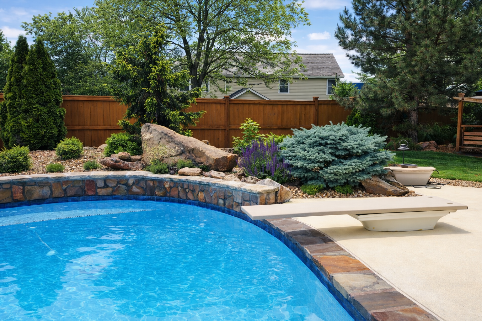 Backyard scene with a swimming pool, stone and brick edging, garden plants, trees, and a wooden fence under a partly cloudy sky.