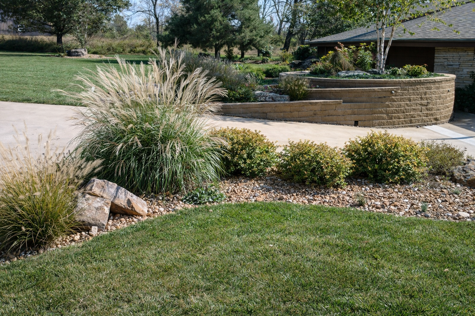 landscaped yard with green grass, ornamental grasses, small bushes, a curved brick wall, trees, and a paved pathway
