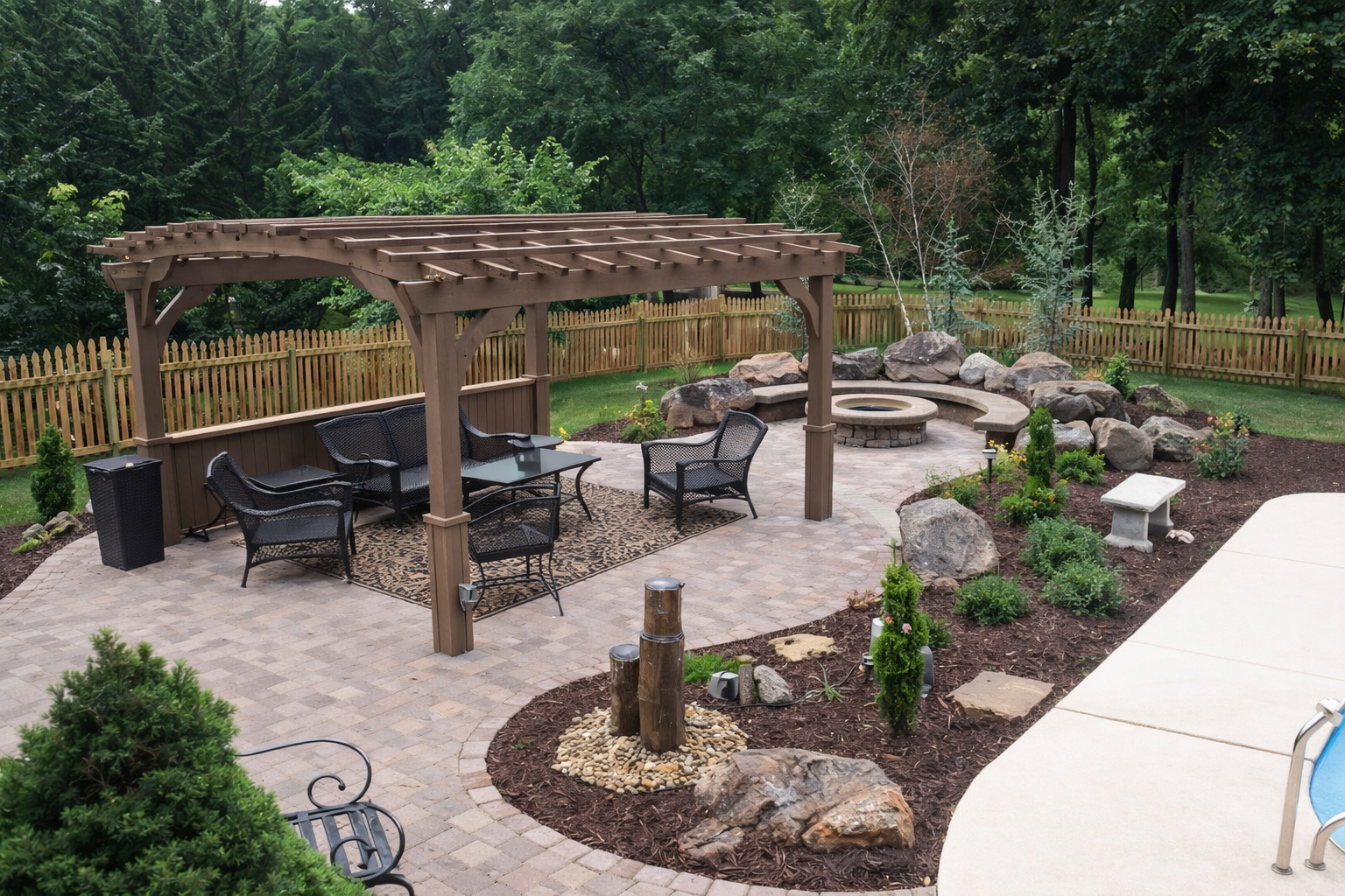 A backyard patio area with a pergola, outdoor seating, a firepit, landscaping, and a surrounding wooden fence. Trees and grass are in the background.