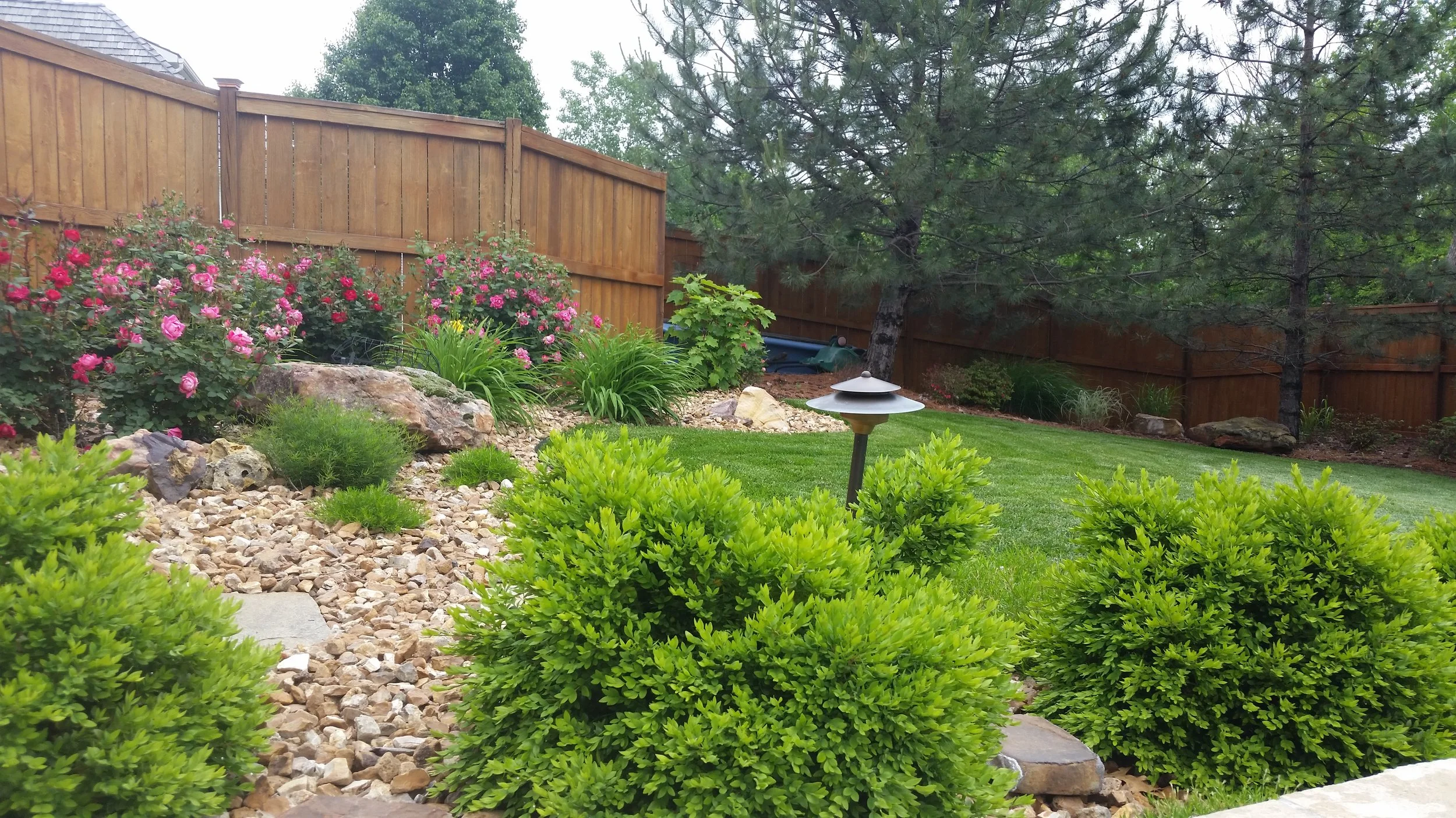 A backyard garden with a rock and gravel area, bushes, flowering plants, and trees behind a wooden fence.