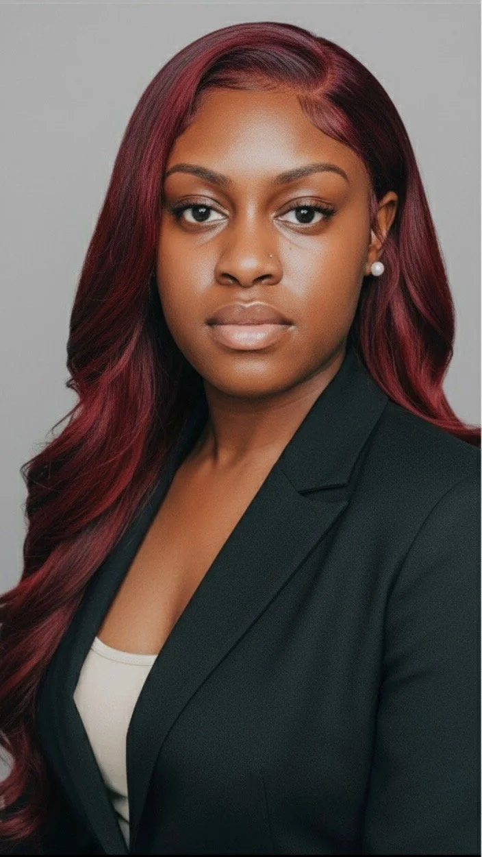 A young African American woman with long, wavy burgundy hair, wearing a black blazer, white top, pearl earrings, and minimal makeup against a plain gray background.
