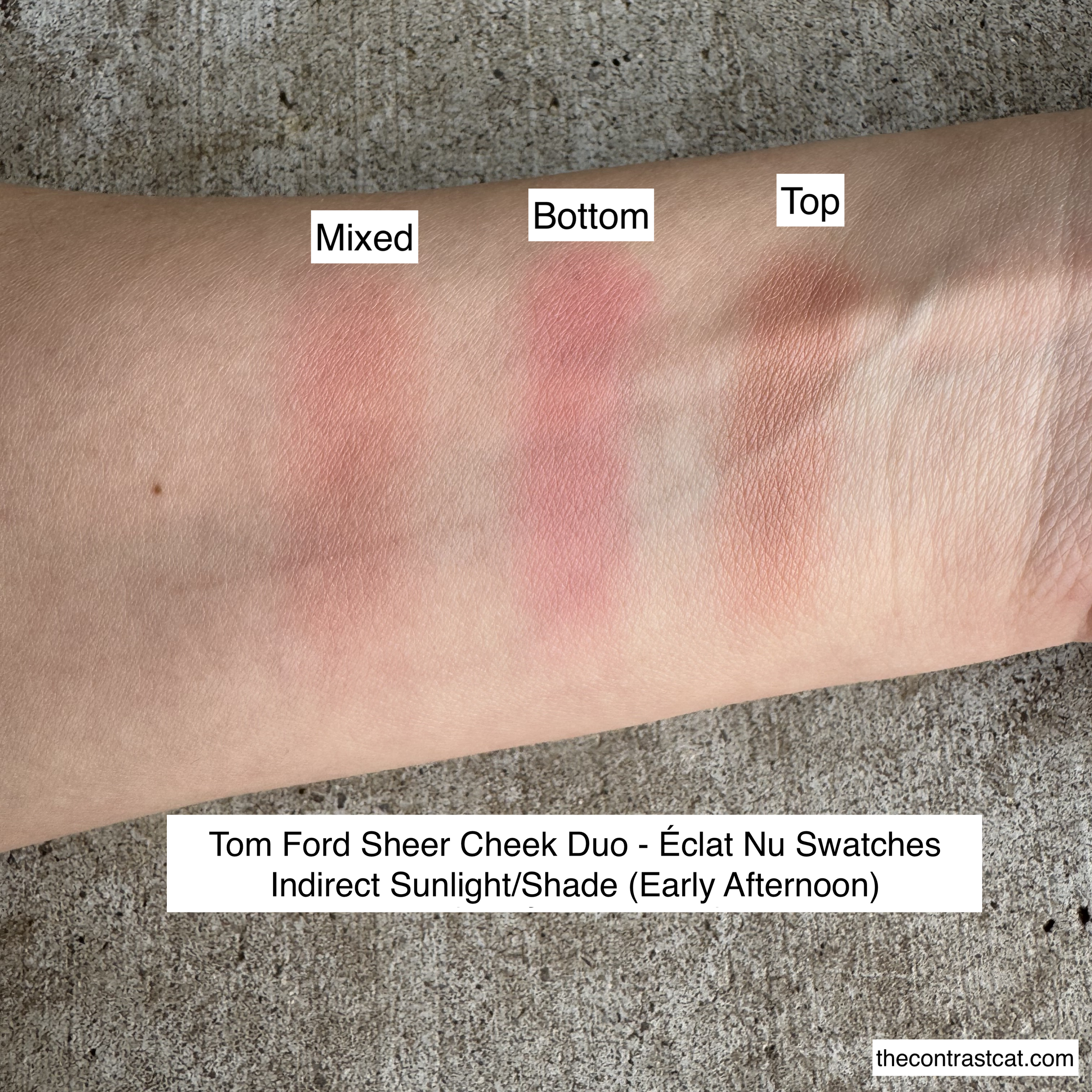 Mixed, bottom, and top shades (from left to right) from  the Tom Ford Eclat Nu sheer cheek duo in indirect sunlight/shade.