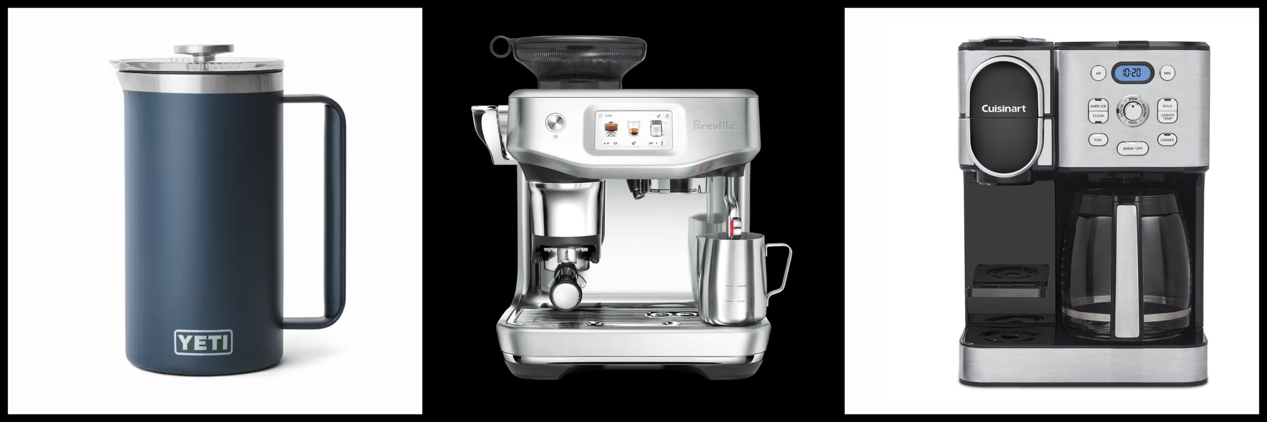 Three coffee machines. Yeti french press in navy blue (left), breville barista touch impress in stainless steel (middle), cuisinart 2-in-1 in stainless steel (right)