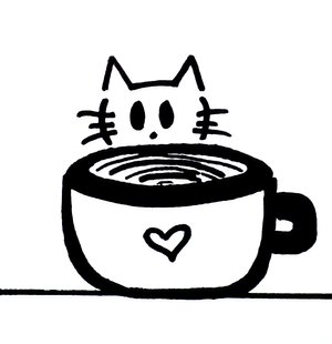 Small illustration of Coca the Contrast Cat with a cup of coffee