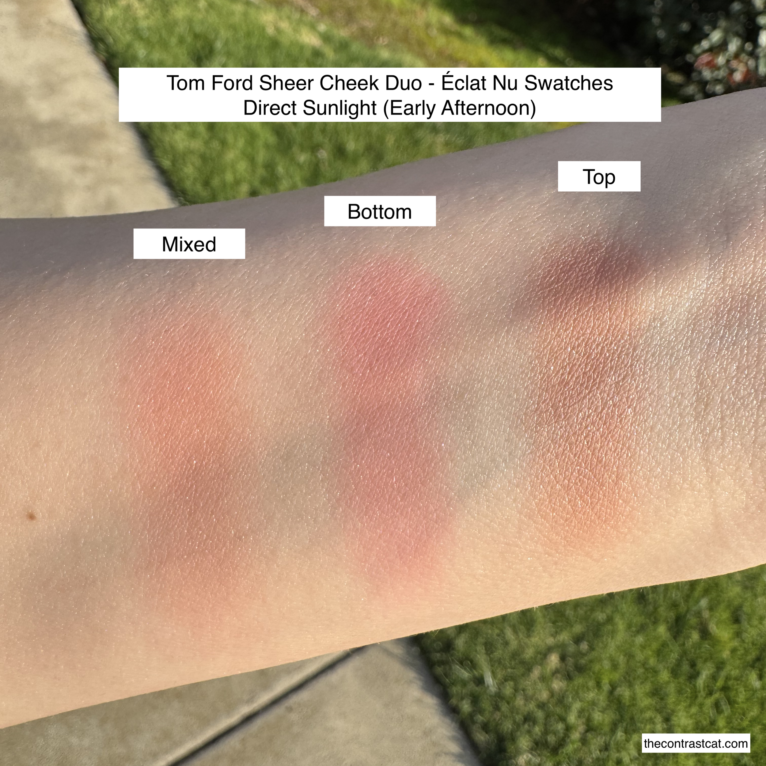 Mixed, bottom, and top shades (from left to right) from  the Tom Ford Eclat Nu sheer cheek duo in direct sunlight