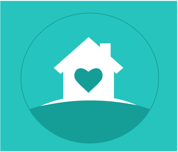 A graphic of a house with a heart in the center, set against a teal background.