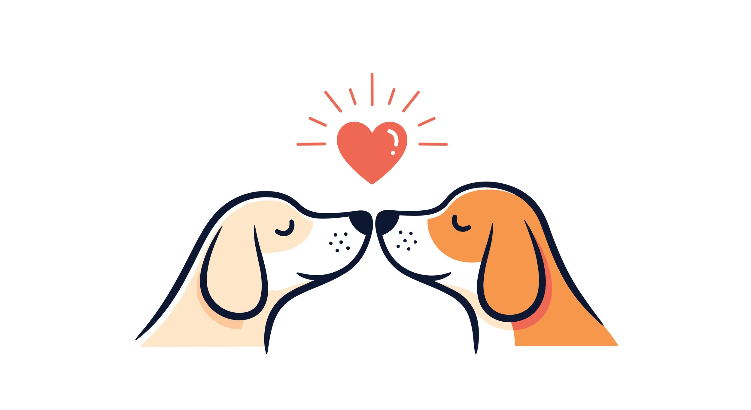 Two cartoon dogs touching noses with a glowing red heart above them.
