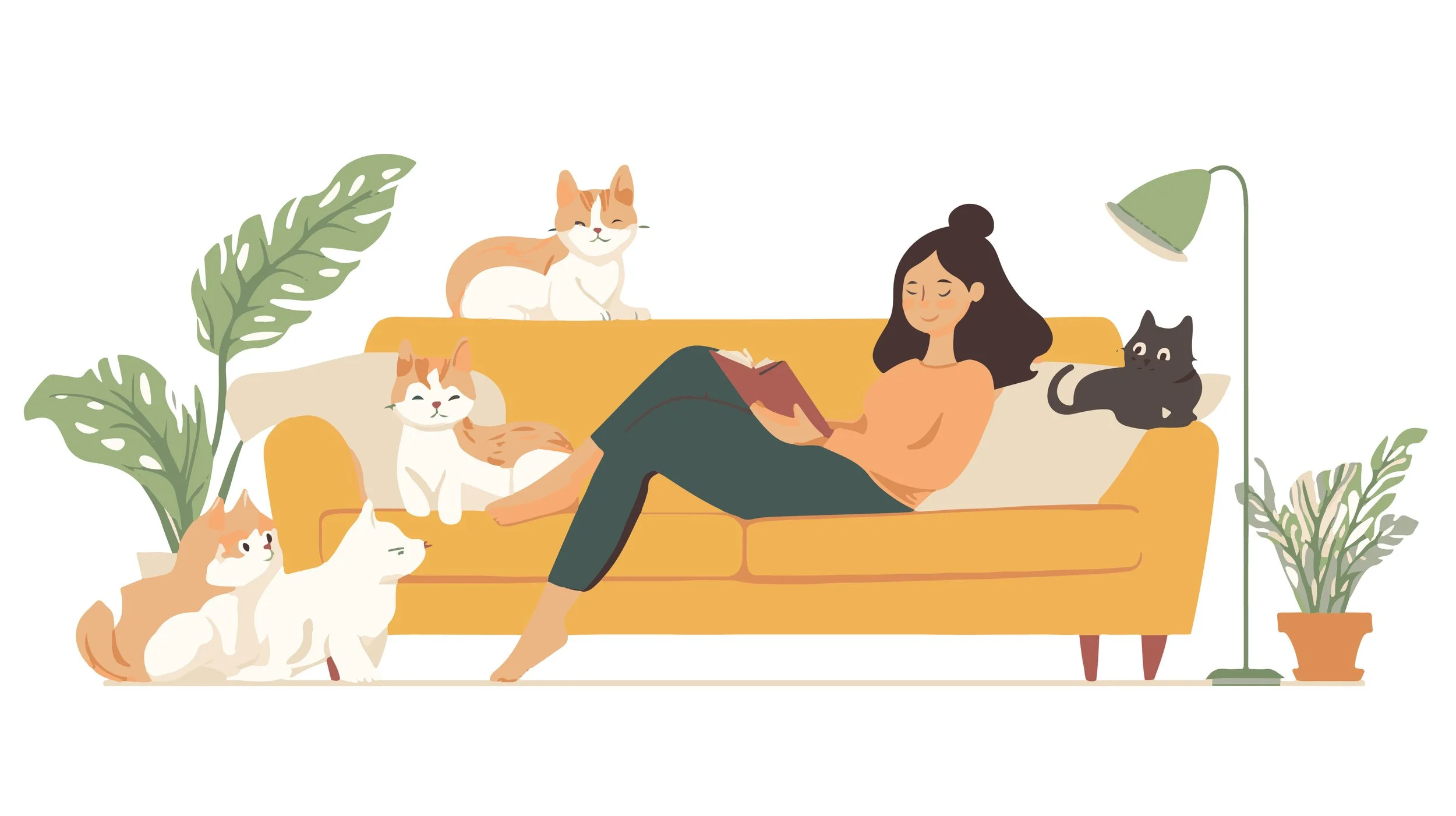 A woman with dark hair reading a book while sitting on a yellow sofa surrounded by six cats in a cozy living room with green plants and a floor lamp.