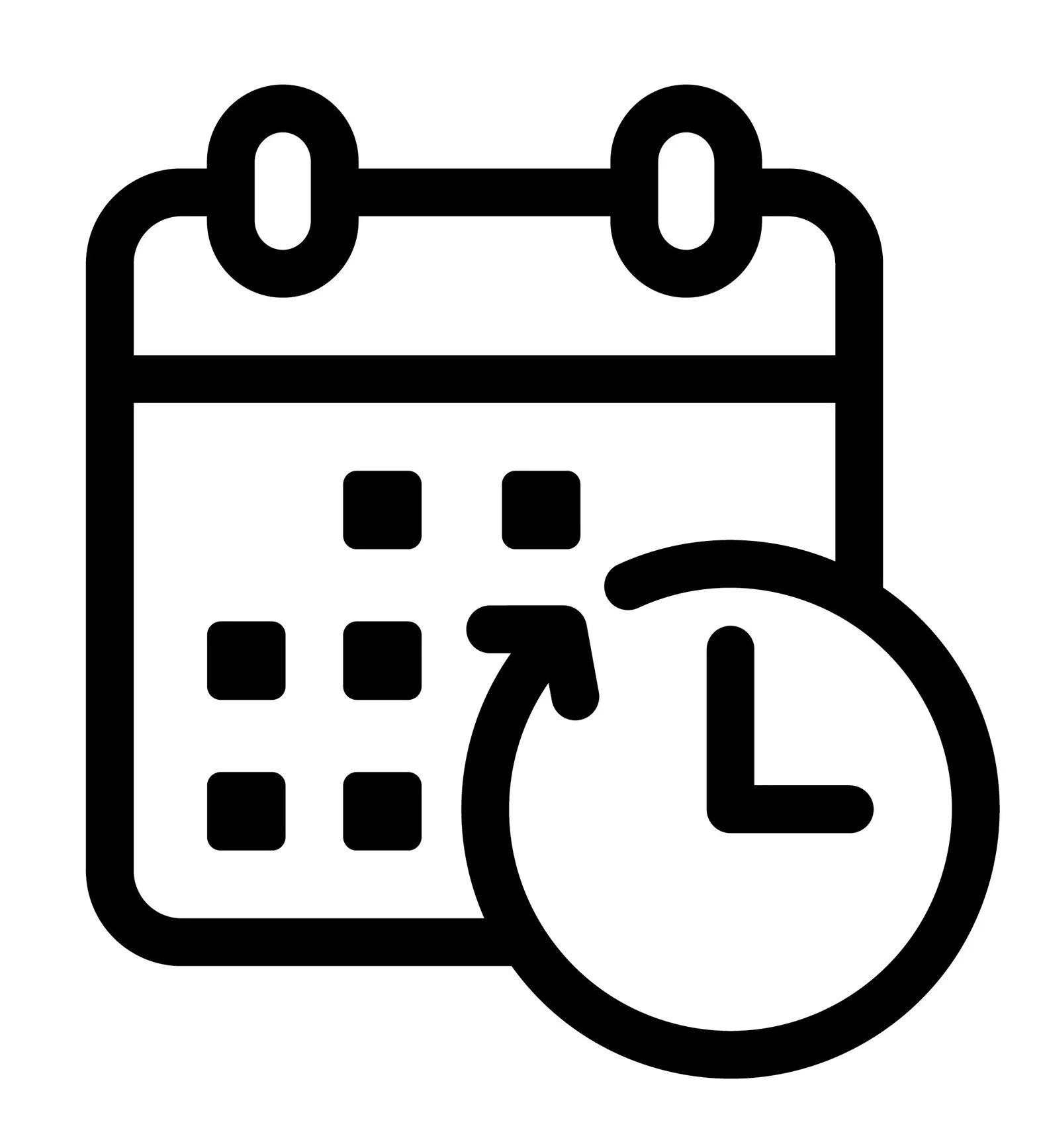 Calendar icon with a clock, representing schedule or time management.