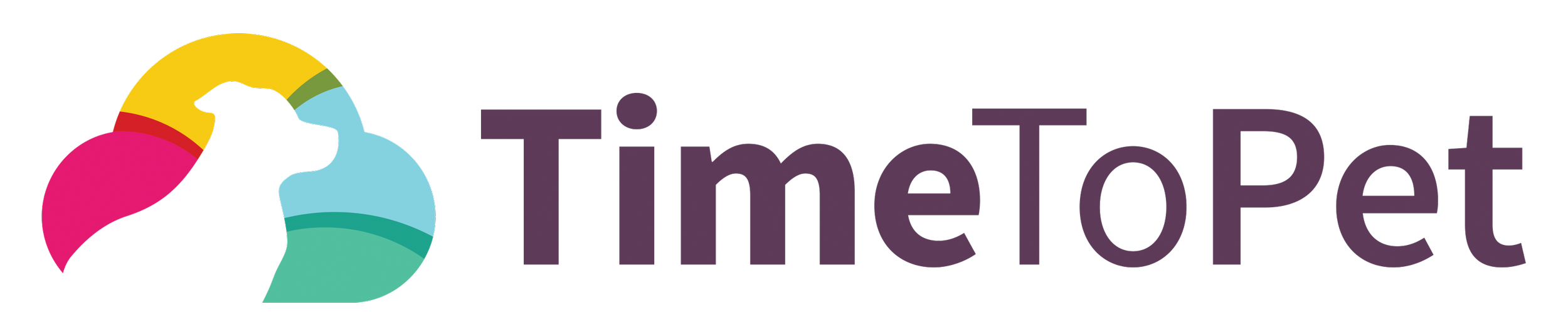 Logo for TímeToPet featuring a silhouette of a dog within a colorful rainbow circle.