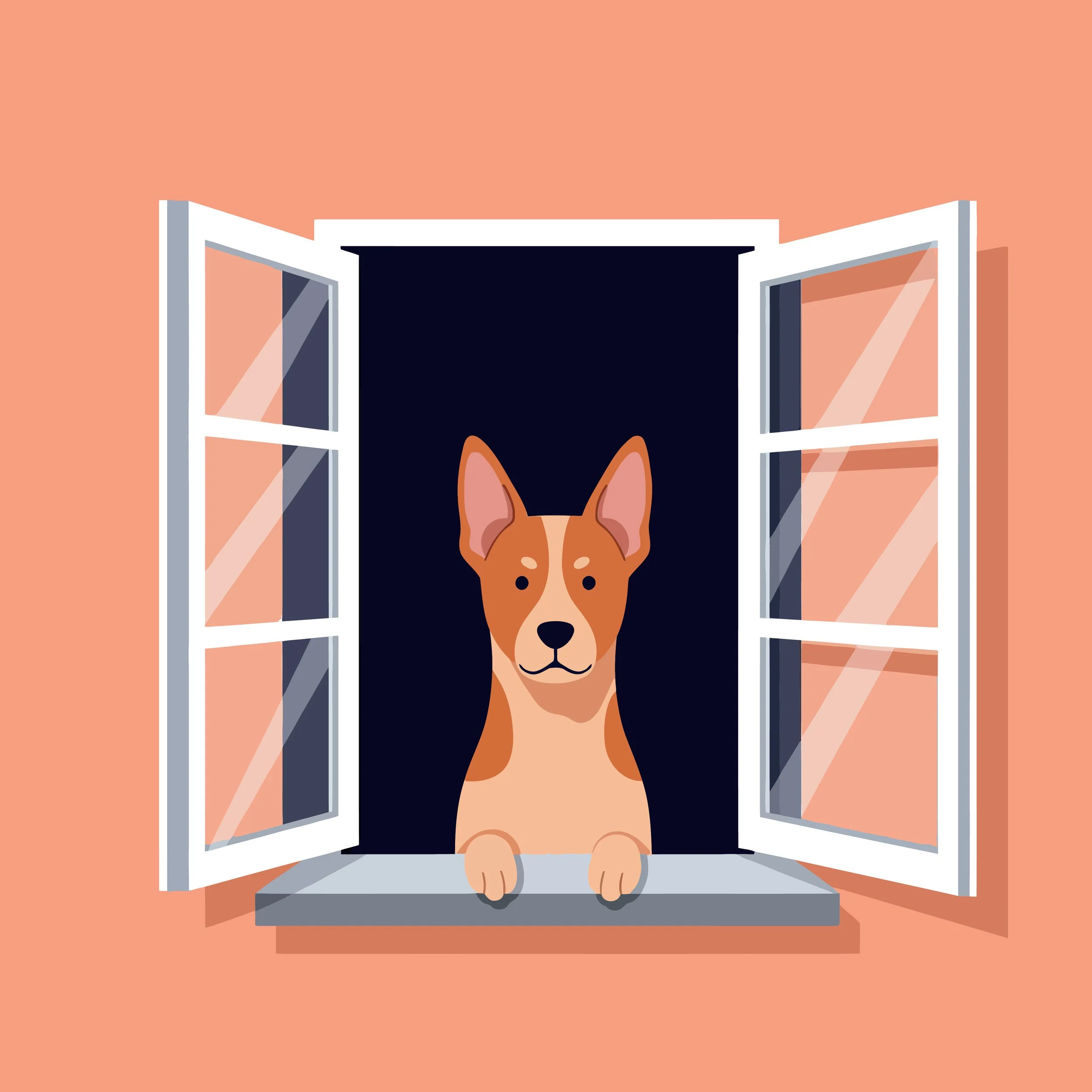 A dog with a tan coat and large ears looking out of a window with white frames and open shutters, set against a peach-colored wall.