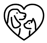 A line drawing of a dog and a cat inside a heart shape, symbolizing love for animals.