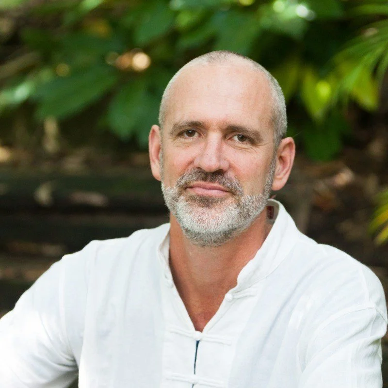 Portrait of a middle-aged man with a beard and bald head, wearing a white shirt, outdoors with greenery in the background.