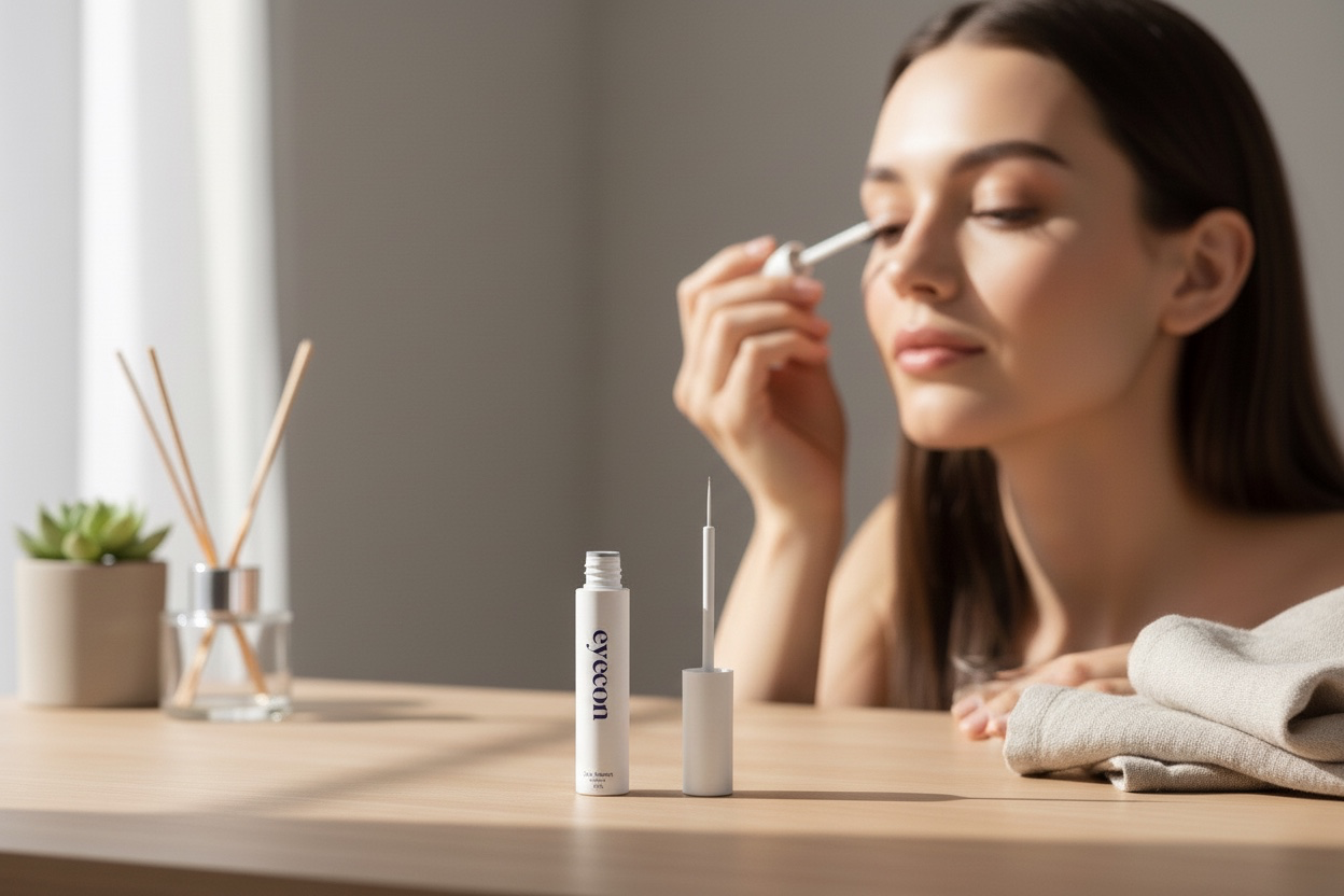 Applying Eyecon lash growth serum to natural lashes as part of night skincare routine