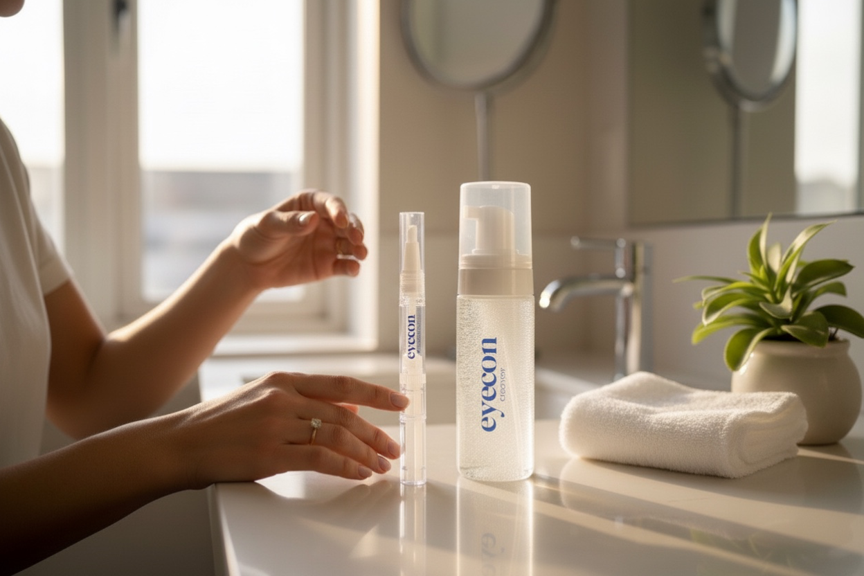 Eyecon lash cleanser and remover used in daily routine for maintaining clean healthy eyelash extensions